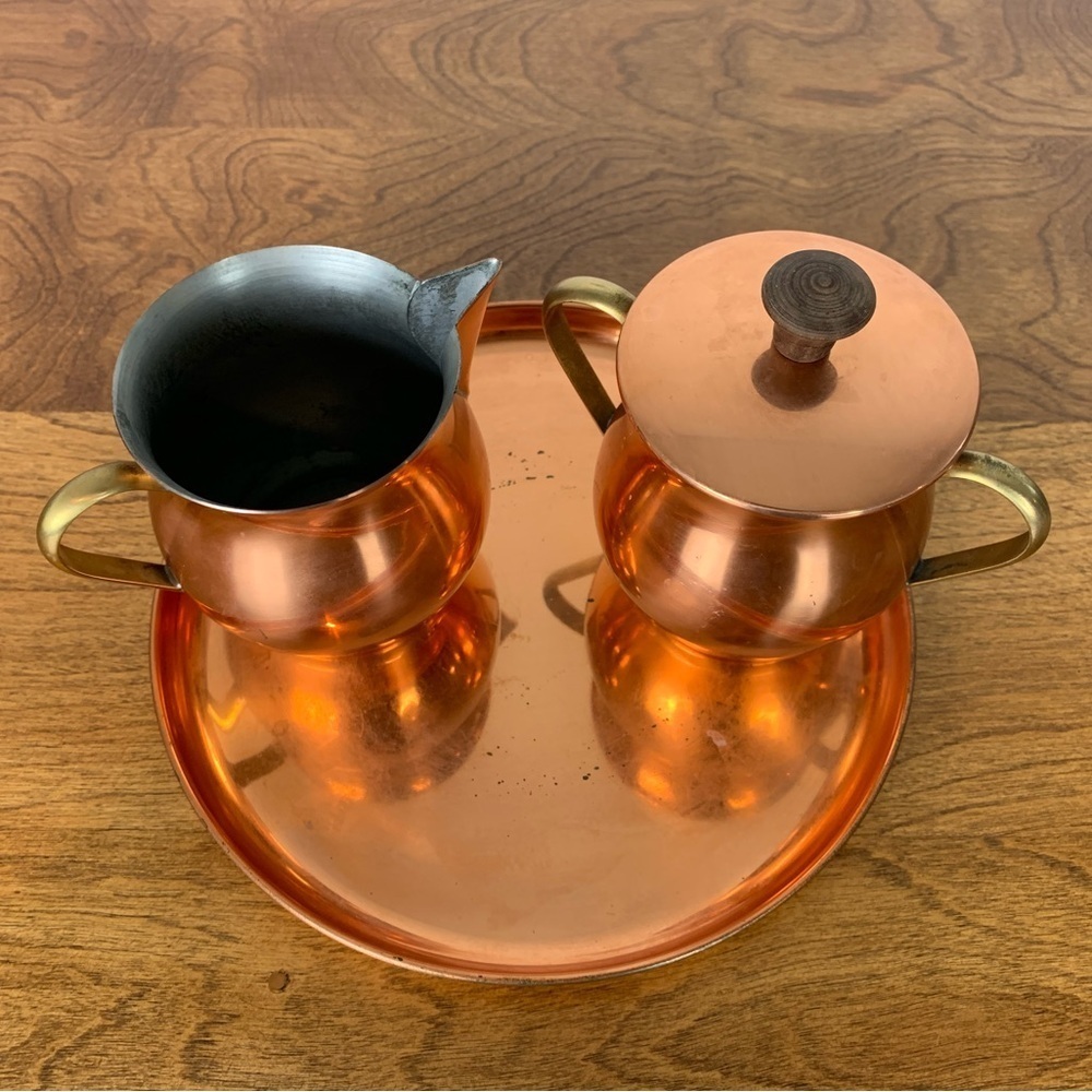 Copral Copper Brass Creamer Sugar Bowl Tray Set Made In Portugal Vtg Mixed Metal - Picture 3 of 11